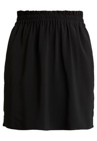 Jupe noire avec une taille élastique, confectionnée dans un tissu doux. Présente une texture lisse et une coupe jusqu'au genou sans poches ni ornements.