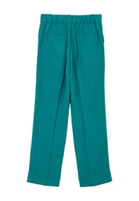Pantaloni wide-leg turchesi con vita elastica arricciata, due tasche posteriori e un tessuto leggero e morbido.
