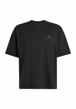 Schwarzes kurzärmeliges T-Shirt aus Baumwolle mit Rundhalsausschnitt und einem dezenten dunklen Logo auf der linken Brust.