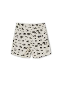 Shorts di cotone caratterizzati da un motivo occhi su base crema, con una cintura elastica e un'etichetta sul davanti.