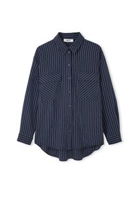 Marineblauw overhemd met witte verticale strepen, inclusief twee borstzakken, puntige kraag en een ronde zoom aan de achterkant.