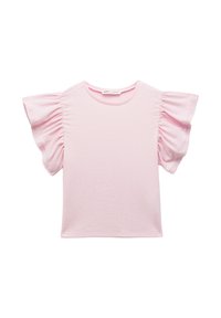 Haut à manches courtes roses avec des manches volantes, fabriqué en tissu doux. Présente un col rond et une texture lisse. Design simple.