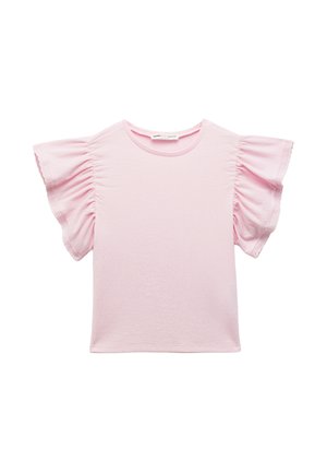Haut à manches courtes roses avec des manches volantes, fabriqué en tissu doux. Présente un col rond et une texture lisse. Design simple.