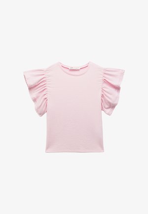 Roze kortemouwtop met ruche-mouwen, gemaakt van zachte stof. Heeft een ronde halslijn en een soepele textuur. Eenvoudig ontwerp.