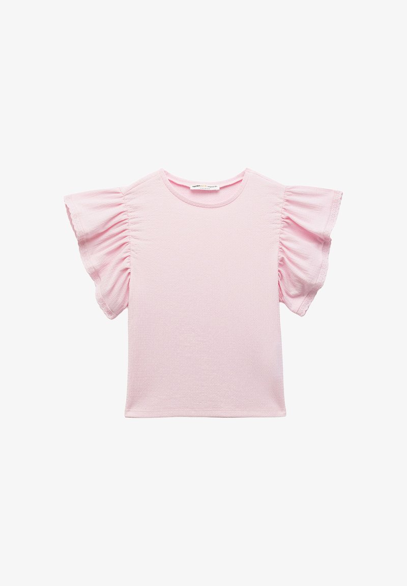 Rosa kortärmad topp med volangärmar, tillverkad av mjukt tyg. Har en rund halsringning och en slät yta. Enkel design.