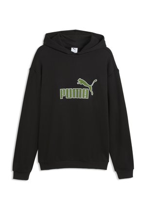 Czarna bluza z kapturem i długimi rękawami z zielonym logo i napisem Puma na piersi, przedstawiona na białym tle.