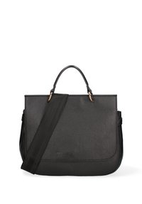 Zwarte leren handtas met een gestructureerde afwerking, een handvat aan de bovenkant en een afneembare stoffen schouderriem. Bevat accenten van goudkleurig beslag.