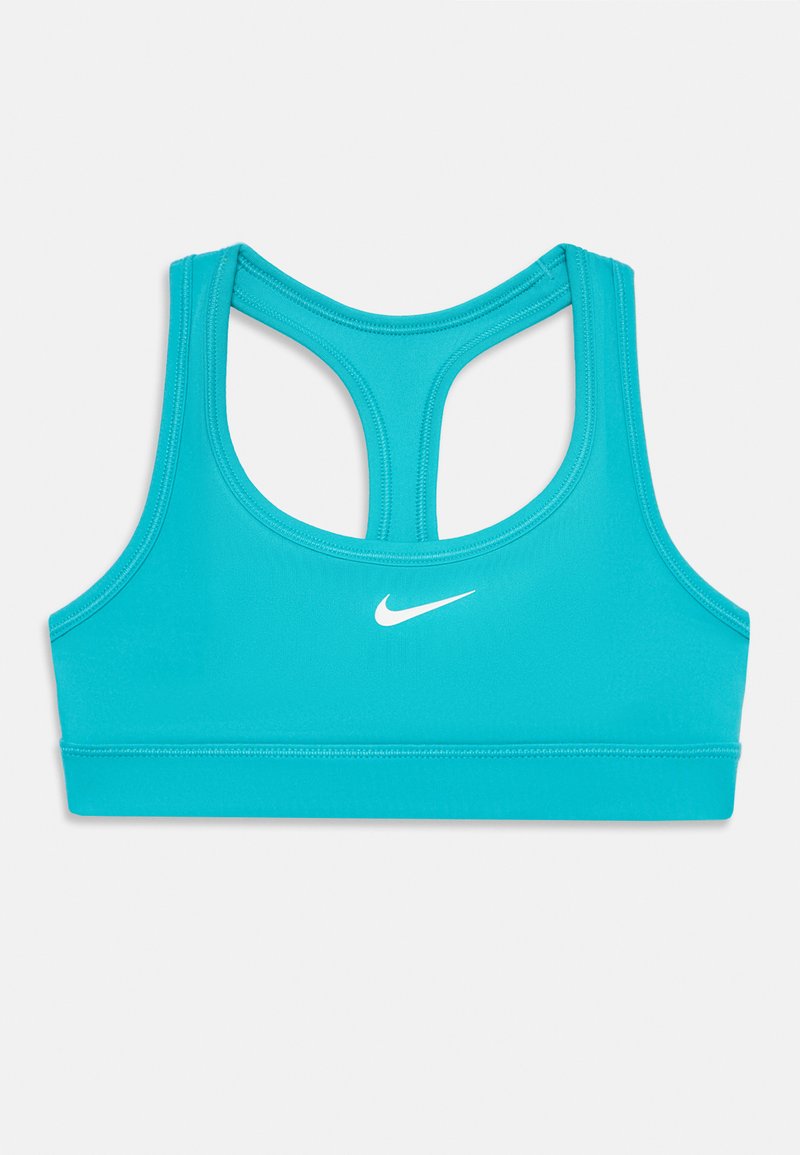 Sujetador deportivo turquesa con un diseño de espalda racer, hecho de una tela suave y con un logo blanco de Nike en el frente. Sin relleno ni aros.
