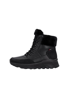 Black high-top boots made of leather and fabric, featuring a faux fur collar, thick rubber sole, and metal eyelets for laces.