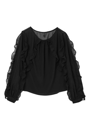 Black blouse with ruffled accents and sheer long sleeves. Round neckline and button detail at the cuff. Soft, lightweight fabric.
