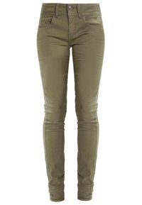 Smal passform i olivgrön bomullsjeans med en mjuk textur, framfickor, diskret sömnad och metallknapp i midjan.
