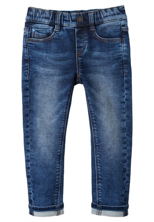 Mørkeblå denimjeans med en falmet vask, elastisk talje, fem-lommedesign og opsmøgede ben med et ternet accent.