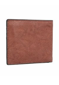 Brown leather wallet with a textured surface and black stitching. It has a rectangular shape and minimalistic design, featuring no visible hardware.