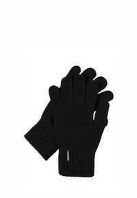Schwarze Strickhandschuhe mit gerippten Bündchen, ausgestattet mit einem separaten Fingerdesign und einem kleinen Markenlabel an einem Bündchen. Glatte Textur und warme Optik.