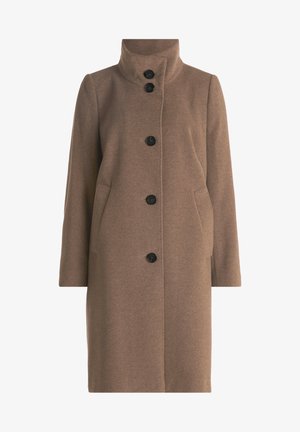 Manteau en mélange de laine brun avec un col haut, des manches longues et cinq boutons noirs. Il dispose de poches latérales et d'une silhouette droite.