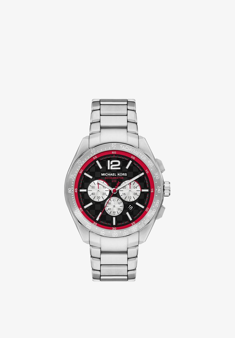 Silver stainless steel watch with a black and red tachymetric bezel, checkered black dial, three sub-dials, and a prominent 12-hour marker.