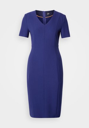 Navy blue fitted dress with short sleeves, V-neckline, and a back closure. Made from structured fabric with a smooth texture and seam detailing.