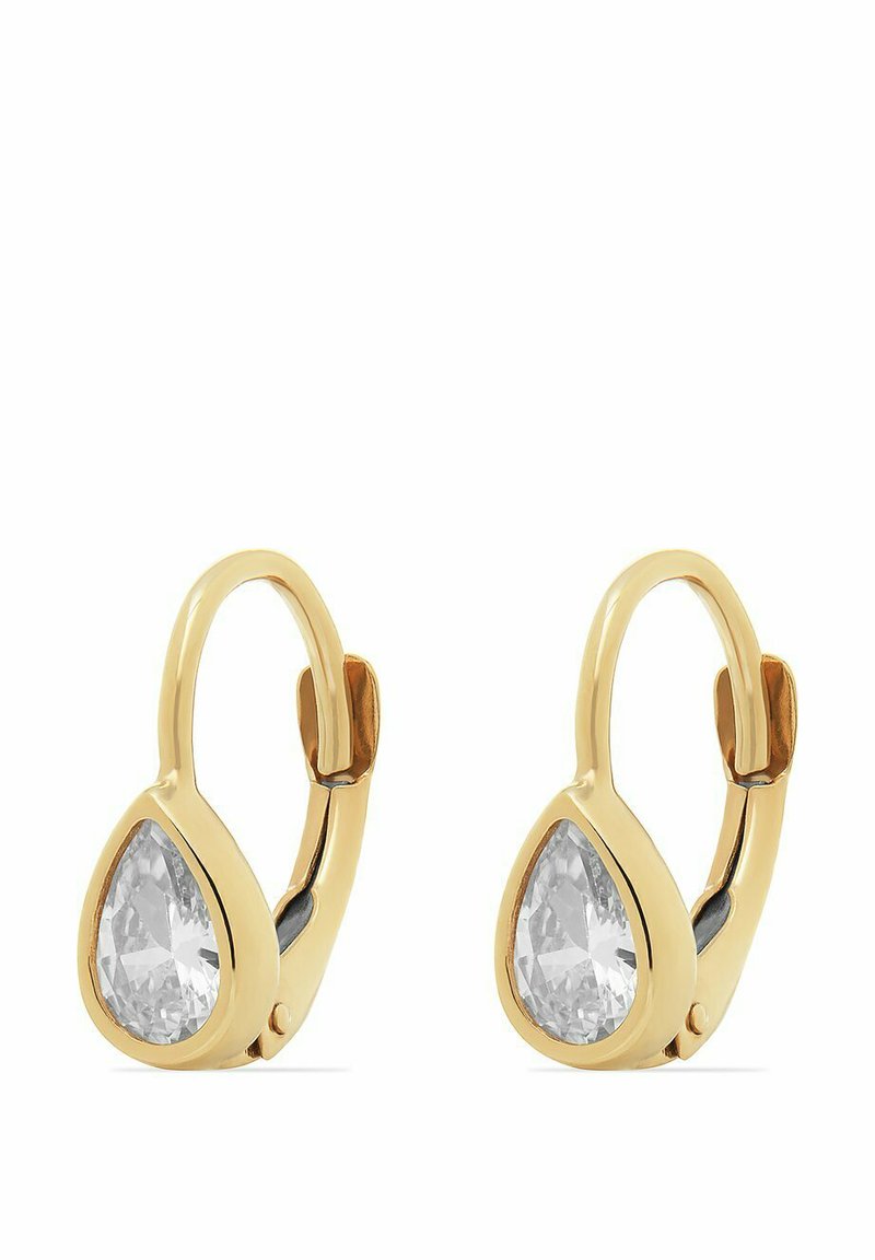 Orecchini a cerchio in oro con una pietra trasparente a forma di goccia incastonata in una montatura in oro lucido, dotati di un fermo a cerniera per una vestibilità sicura.