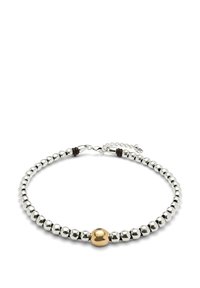 Collar de cuentas de plata con cuentas doradas más grandes alternas, con un acabado metálico elegante y asegurado con un cierre tipo langosta y una cadena de extensión.