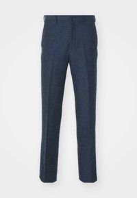 Pantaloni su misura blu navy con design a gamba dritta, doppie pince anteriori e una texture liscia. Presentano una chiusura con cerniera e bottone.