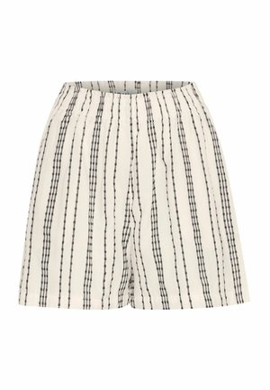 Pantaloni corti leggeri in cotone beige con strisce nere verticali. Caratterizzati da una vita elasticizzata e una vestibilità rilassata per il massimo comfort.