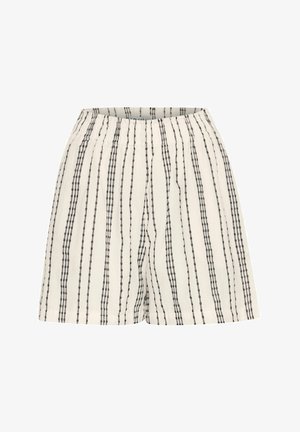 Pantaloni corti leggeri in cotone beige con strisce nere verticali. Caratterizzati da una vita elasticizzata e una vestibilità rilassata per il massimo comfort.