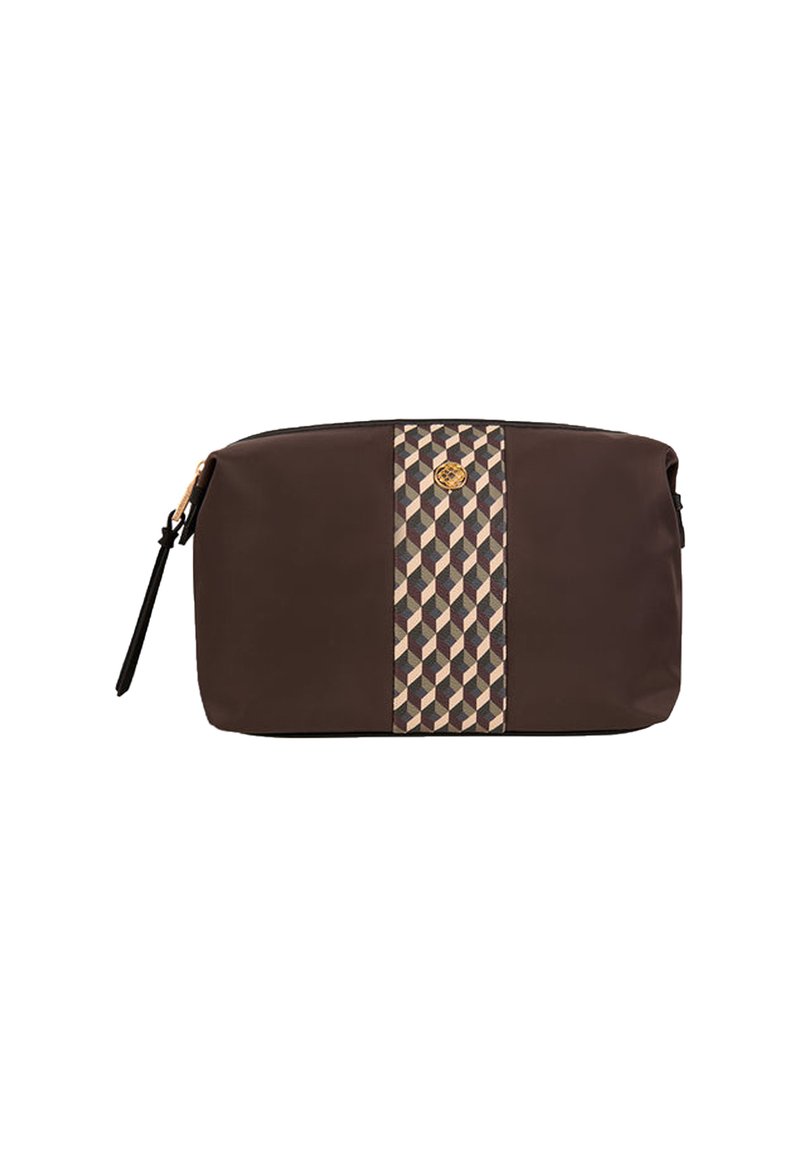 Trousse de maquillage marron avec une rayure en motif géométrique en crème, beige et marron foncé, fermeture à glissière et poignée latérale.