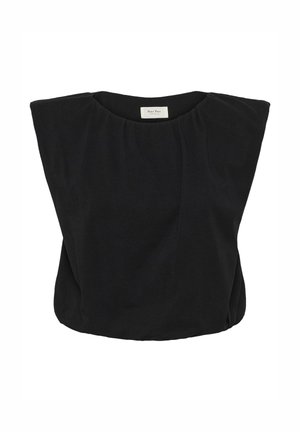 Schwarze ärmellose Bluse mit gepolsterten Schultern und rundem Halsausschnitt, mit einem dezenten Falten-Detail vorne.