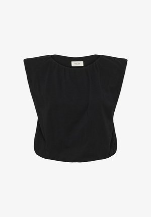 Sort ærmeløs bluse med polstrede skuldre og rund halsudskæring, med et diskret lægdetalje foran.