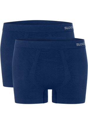 Dwie pary męskich bokserków w granatowym kolorze z elastycznymi pasami w talii, pokazujące widok z przodu i z tyłu, z logo "Sloggi".
