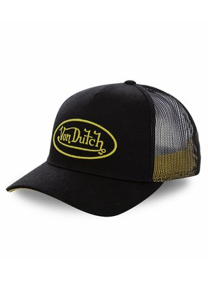 Gorra negra con un logo bordado en amarillo de "Von Dutch", paneles laterales de malla para mayor transpirabilidad y un visor curvado. Cierre ajustable en la parte posterior.