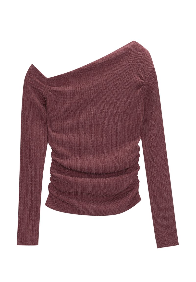 Crop top scollato, con maniche lunghe in una texture a coste, caratterizzato da un design arricciato e di un profondo colore bordeaux.