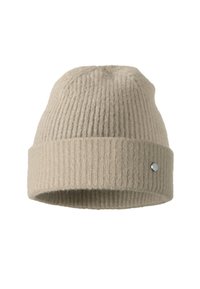 Berretto in maglia beige con texture a coste, ampia cuffia e un piccolo accento di metallo di lato. Materiale morbido per mantenere il calore.