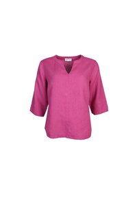 Rosa Leinenbluse mit V-Ausschnitt, 3/4 Ärmeln und lockerer Passform. Der Stoff hat eine dezente Textur und eine einfarbige Optik ohne Muster.