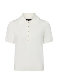 Witte polo shirt met korte mouwen, ribbeltextuur, kraag en een zesknopssluiting met pastelgekleurde knopen.