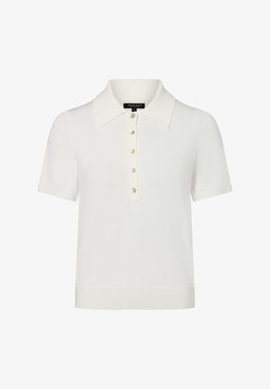 Weißes Poloshirt mit kurzen Ärmeln, gerippter Struktur, Kragen und einer Knopfleiste mit sechs Knöpfen in Pastellfarben.