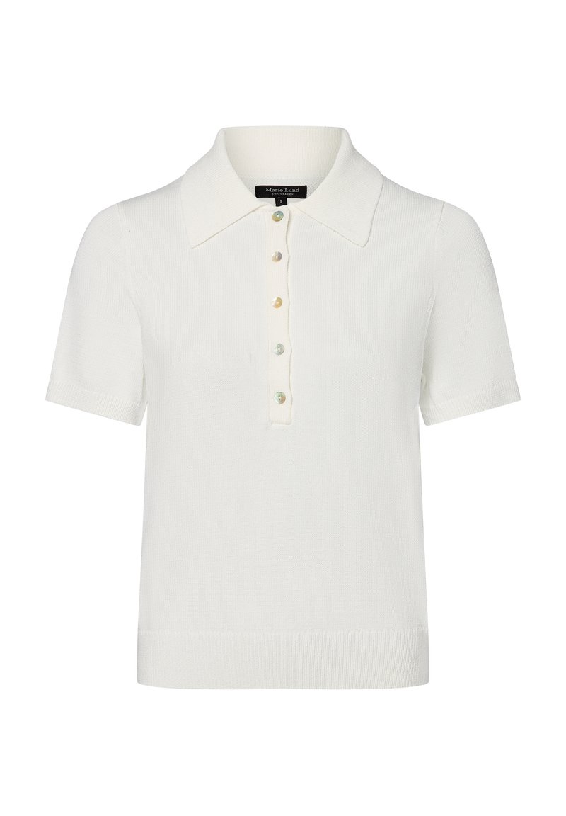 Witte polo shirt met korte mouwen, ribbeltextuur, kraag en een zesknopssluiting met pastelgekleurde knopen.