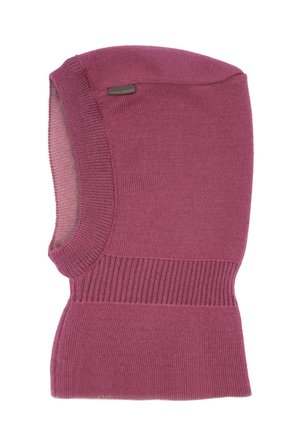 Knit balaclava-style hood in dark pink with ribbed neck and face opening, designed for warmth.