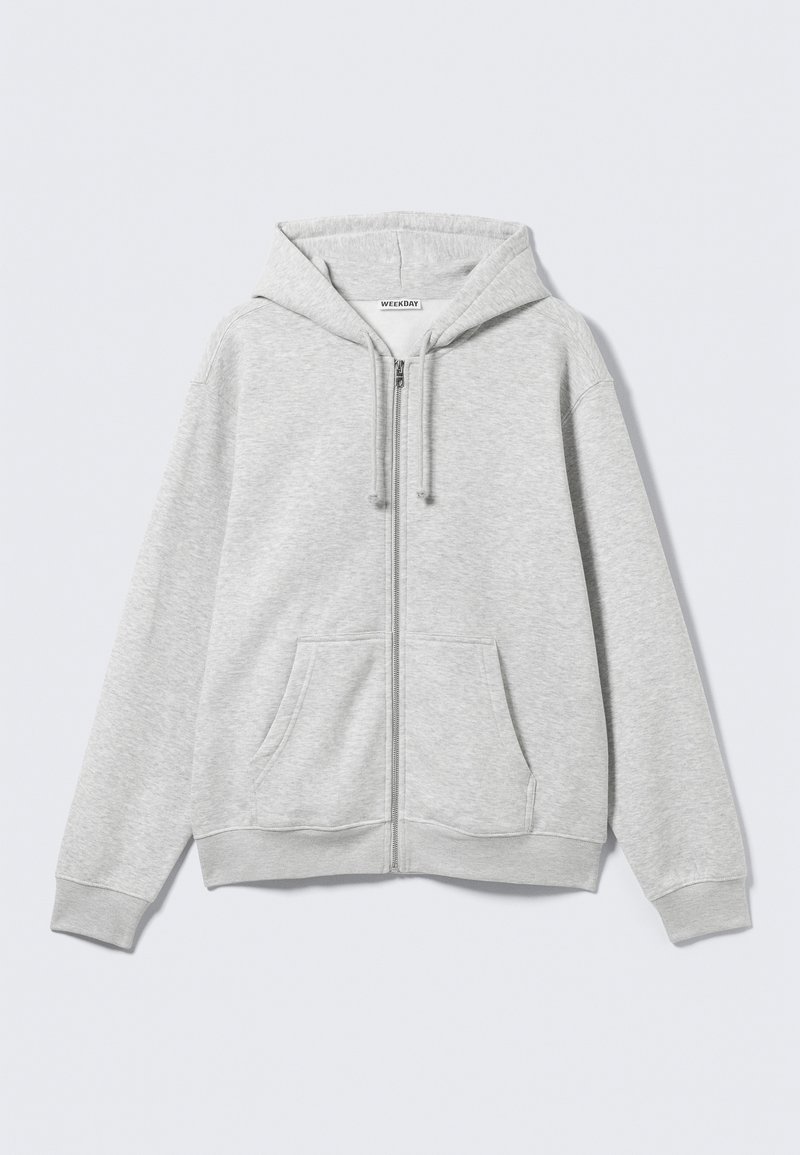 Szara bluza z kapturem na suwak, wykonana z bawełnianej mieszanki, z podszytym kapturem, przednimi kieszeniami i ściągaczami na mankietach. Gładka faktura i swobodny design.