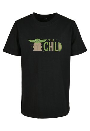Svart bomull T-skjorte med en tegneseriefigur med grønn hud, store ører, og teksten "THE CHILD" i grønn og beige.