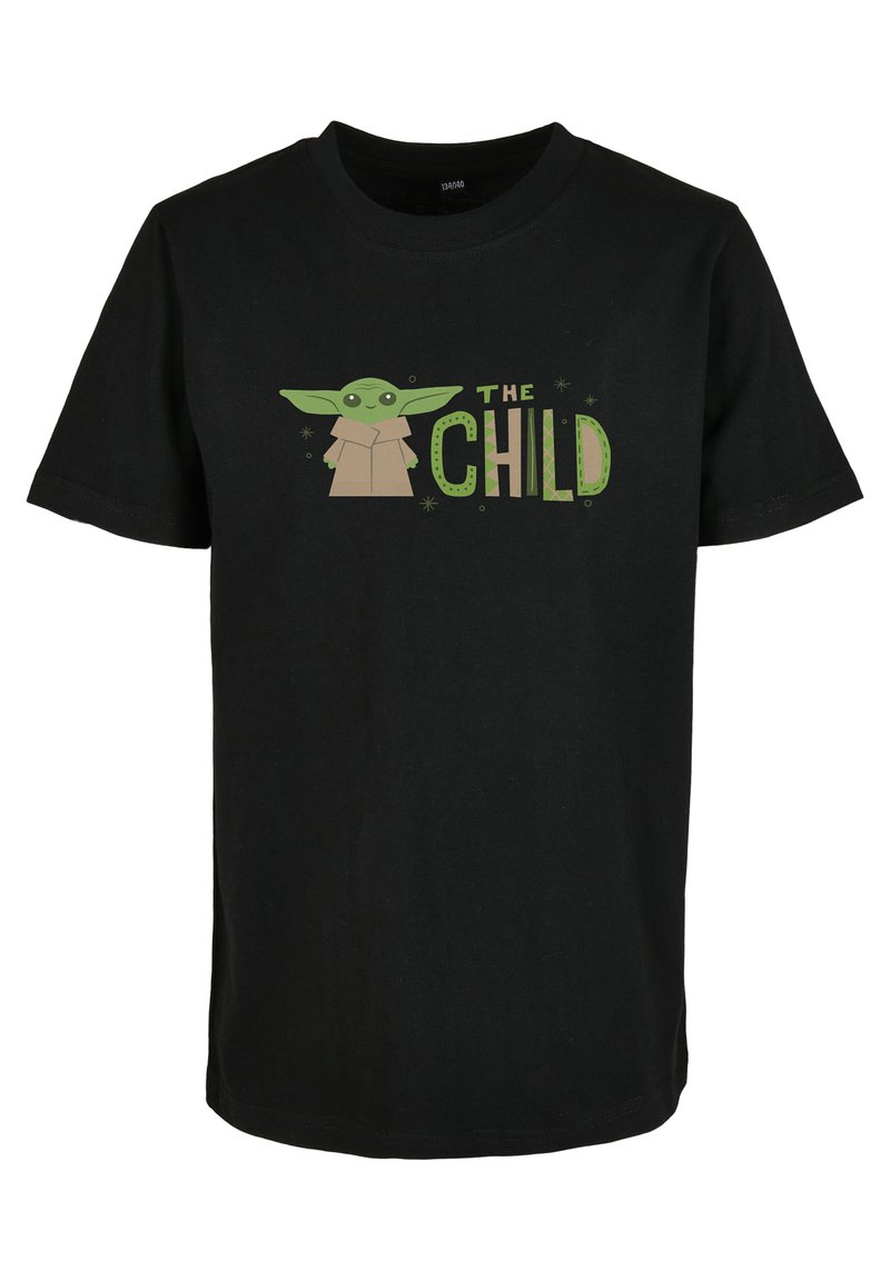 Svart bomull T-skjorte med en tegneseriefigur med grønn hud, store ører, og teksten "THE CHILD" i grønn og beige.