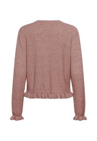 Puhaszívű, hosszú ujjú kötött pulóver, világos rózsaszínben, fodros szegéllyel az alján és az ujjaknál, hátulról nézve.