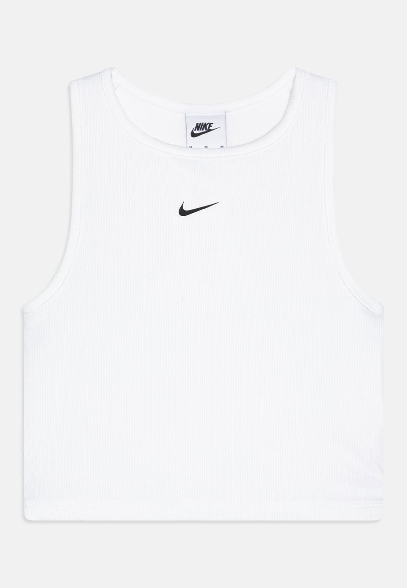 Balta kokvilnas topa camisole ar apaļu kakla izgriezumu un ribota tekstūra. Uz krūtīm ir mazs melns Nike logo. Vienkāršs un pieguļošs dizains.