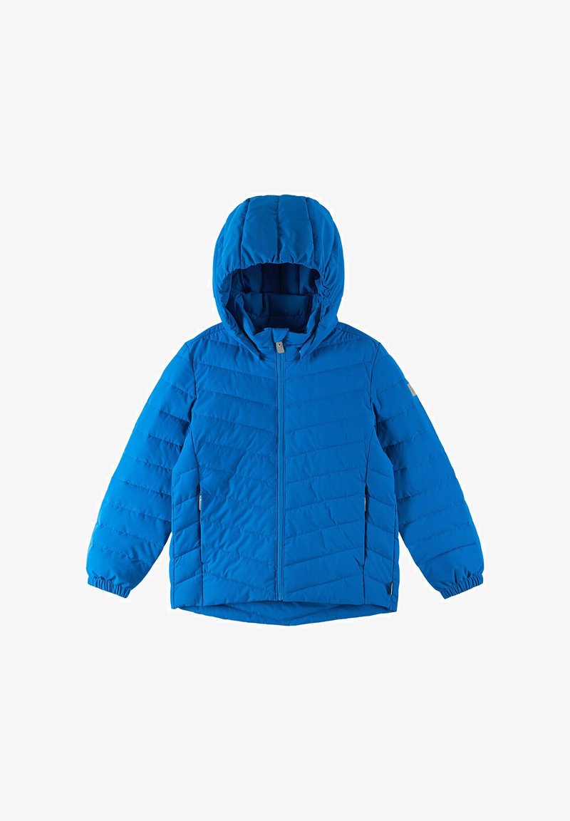 Giacca a vento blu con cappuccio, con un design trapuntato, zip frontale completa, polsini elasticizzati e una texture liscia. Leggera e calda.