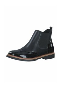 Bocanci Chelsea negri din piele netedă, cu un finisaj lucios, dotati cu panouri elastice laterale, un design cu vârful cusut și o talpă plată.