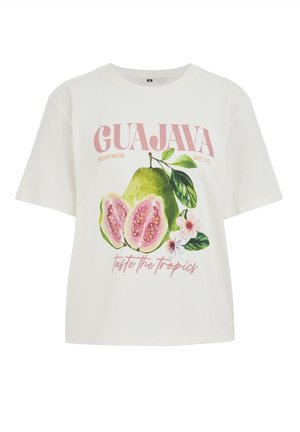 Valge T-särk roosa "GUAJAVA" kirjaga, akvarellstiilis avokaadopuu puuvilja ja lilledega ning eeskirjas "maitse eksootikast".