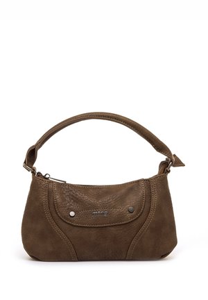 Petit sac à main en cuir marron avec une poignée courte, une poche avant à rabat et une plaque métallique avec le logo indiquant "ming."