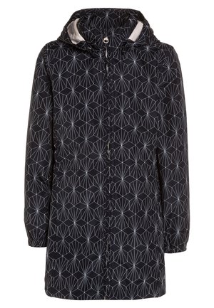 Giacca nera con cappuccio e motivo geometrico in grigio chiaro. Presenta chiusura frontale, polsini elasticizzati e cappuccio foderato.