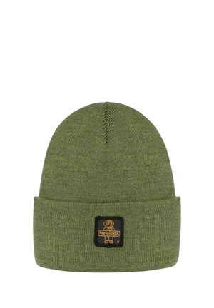 Berretto verde lavorato a maglia con risvolto piegato che presenta una piccola toppa nera con un cane giallo e il testo "RagingWear".