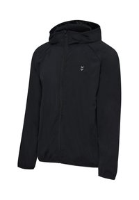 Schwarze Kapuzenjacke mit Frontreißverschluss, langen Ärmeln, elastischen Bündchen und kleinem reflektierendem Logo auf der linken Brust.